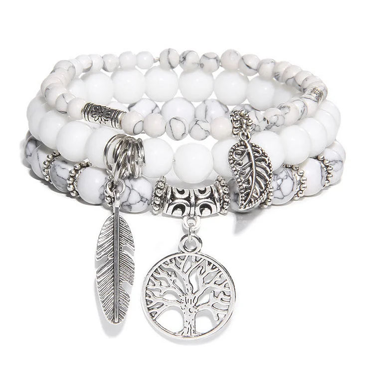 Olivenorma "Nature's Healing Moments" White Turquoise Tree Of Life 3 Pieces Bracelet Set 