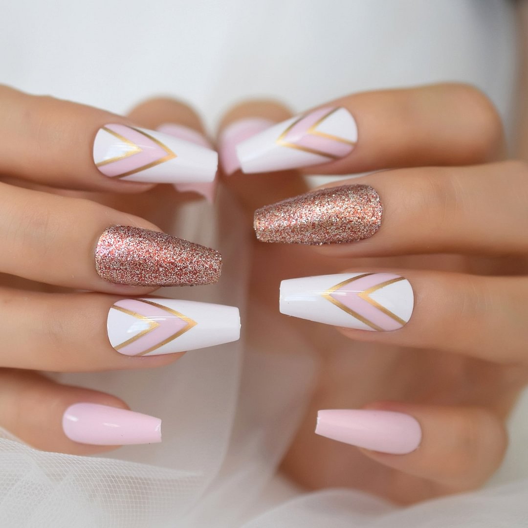 Medium Coffin Press On Nails With Design Pink Double V Pattern Glitter Fake Nails Long Acrylic False Nails Kit Ballerina Tips