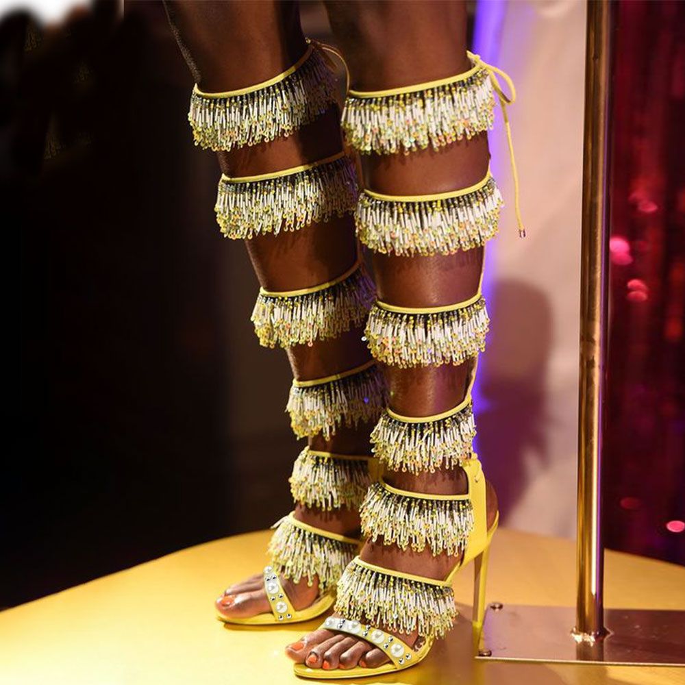 Yellow Open-Toe Beaded Sequin Fringe Knee-High Lace Up Heeled Sandals Nicepairs