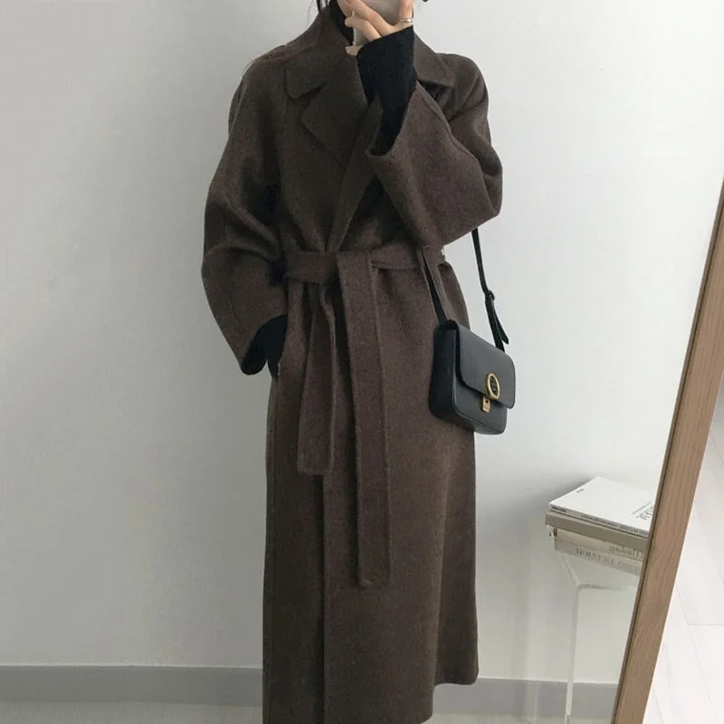 Long Sleeve Casual Vintage Belt 2021 New Fashion Long Autumn Faux Wool Blend Woolen Coat Winter Warm Women Warm Wool Coat