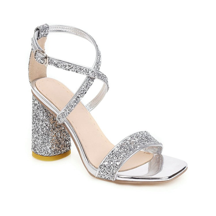 VCSHOES Bling Bling Sequined Cross Ankle Strap Block Heel Chunky Sandals