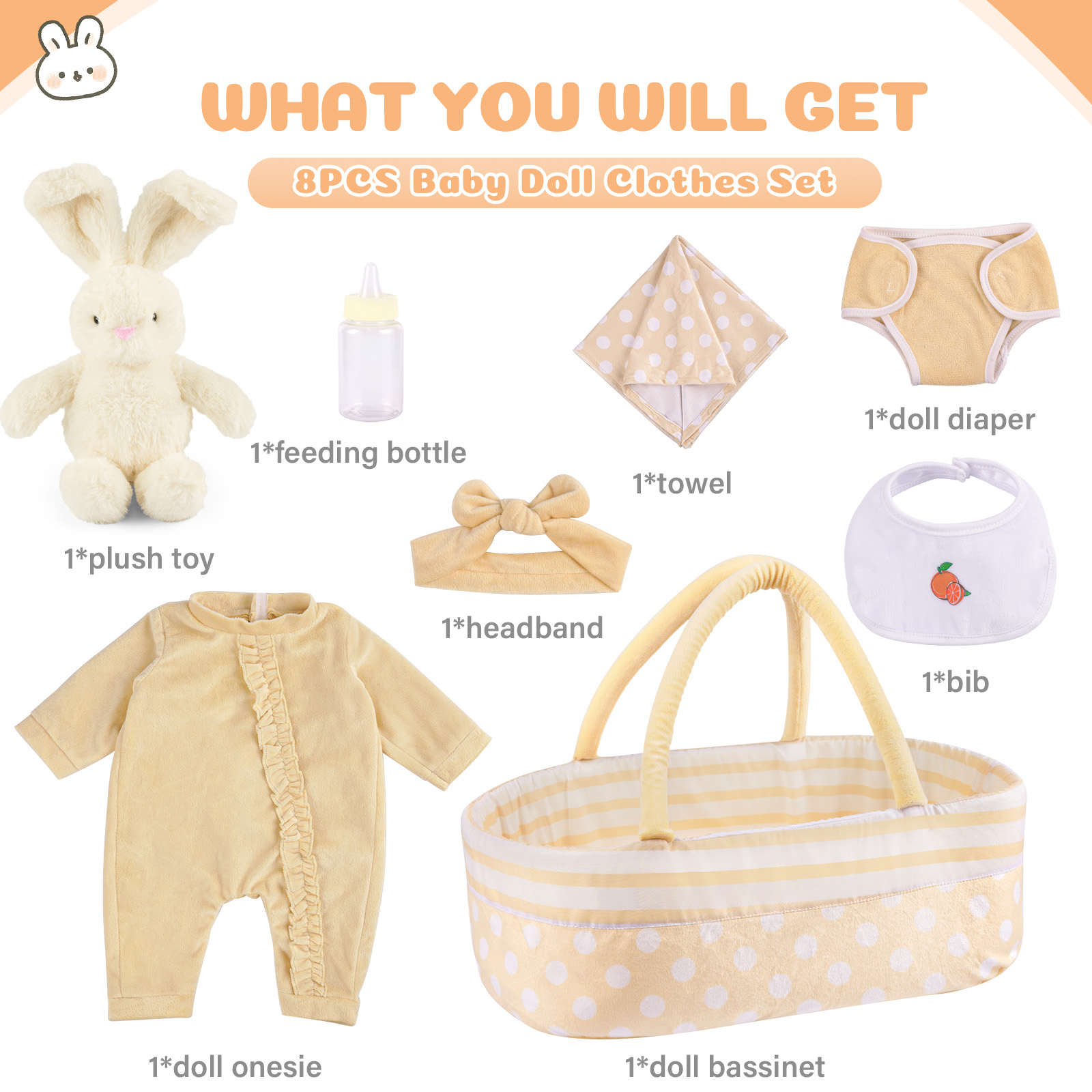 [Suitable for 17-22'' Dolls] Babeside Reborn Baby Essentials-8pcs Set Yellow