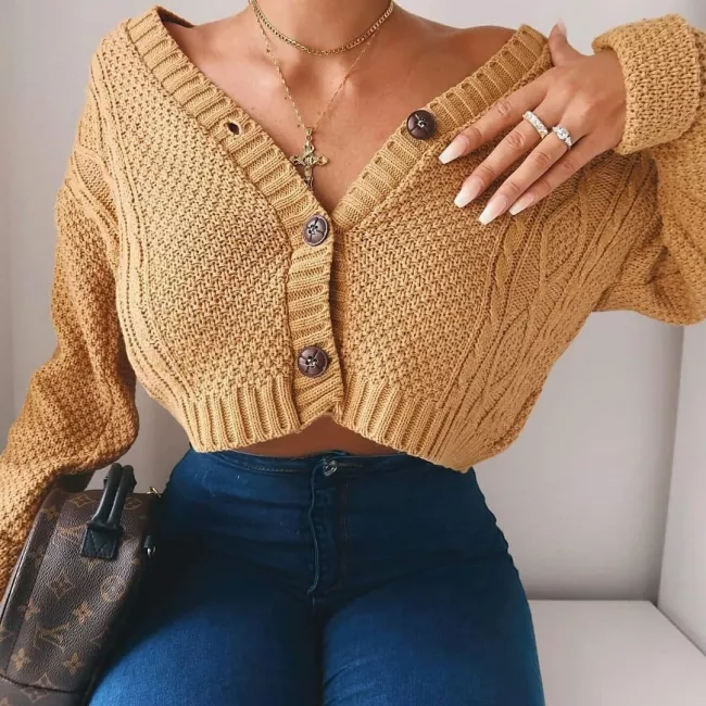 Women Cropped Cardigan SweaterGirls Long Sleeve Twist Crochet Top
