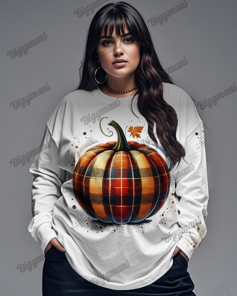 Halloween Pumpkin Plaid Print Plus-size Long-sleeved Top