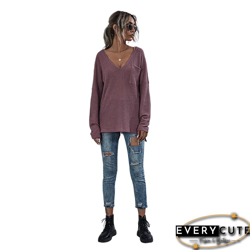 Purplish Red Solid V Neck Knit Top with Pocket