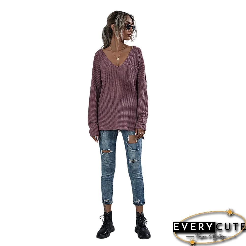 Purplish Red Solid V Neck Knit Top with Pocket