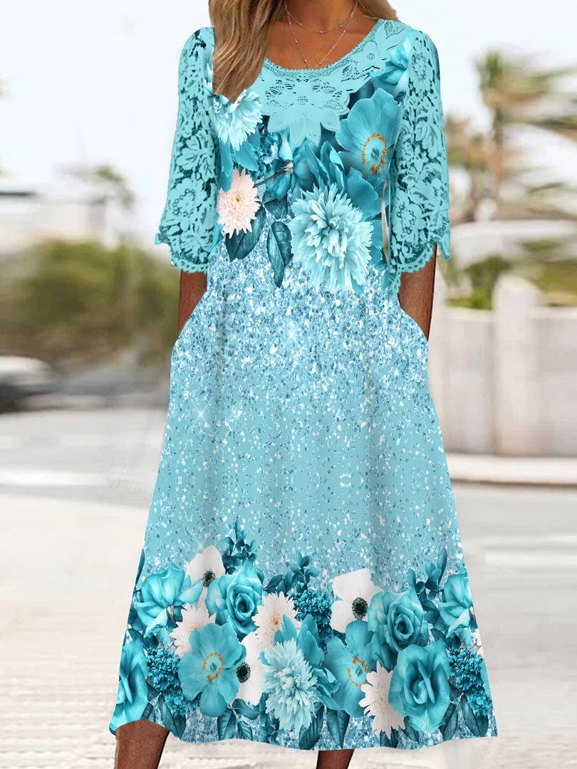 Women's 3/4 Sleeve Scoop Neck Floral Printed Lace Stitching Midi Dress
