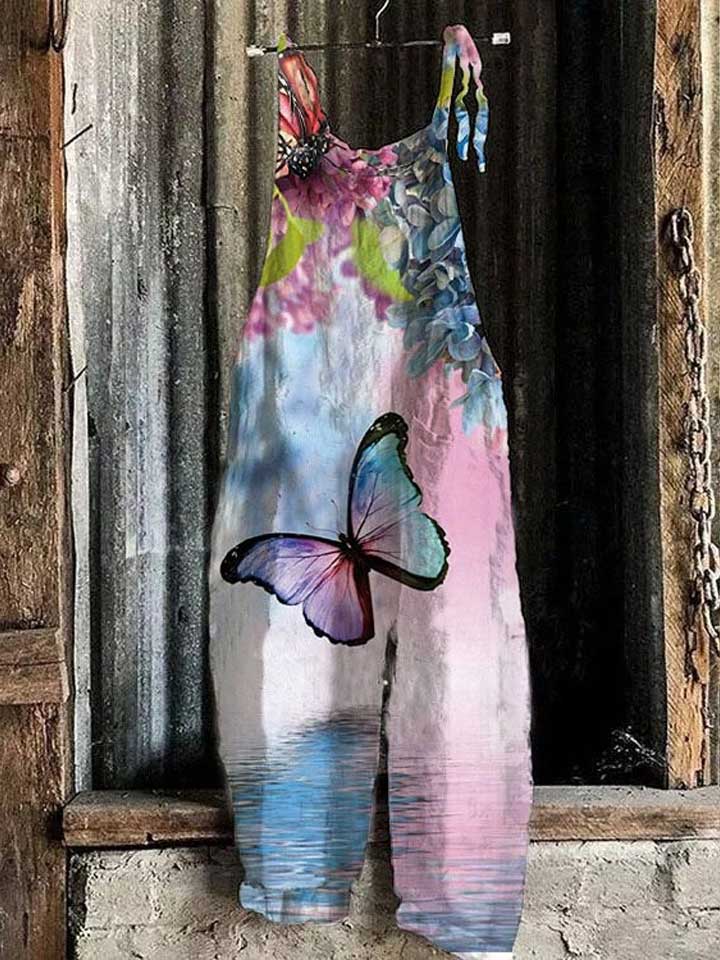 Women's Floral Butterfly Print Loose Casual Jumpsuit - 10