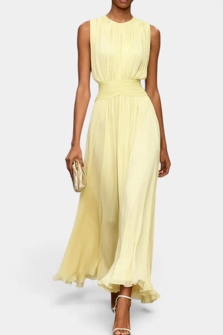 Draped Belt Maxi Dress with Round Neck