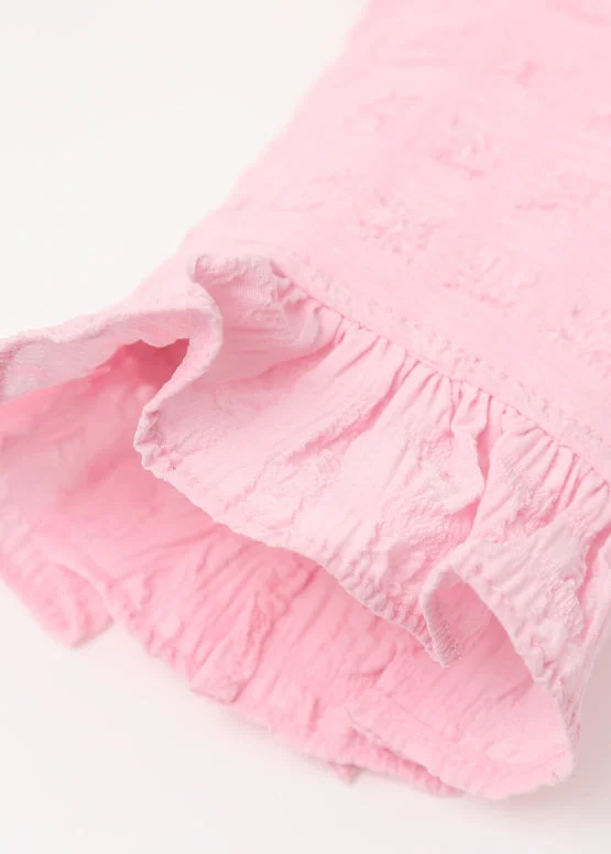 Cute Pink Square Collar Ruffled Print Tulle Shirts Long Sleeve