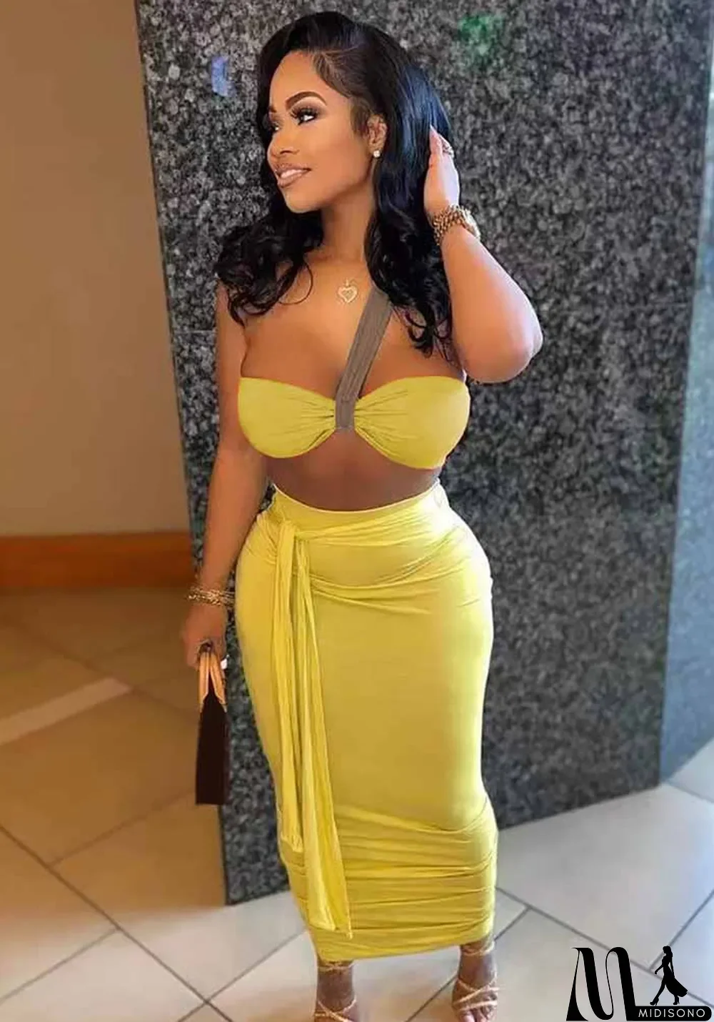 MidiSono - Women Summer Yellow Sexy Crop Top Belted Two Piece Skirt Set