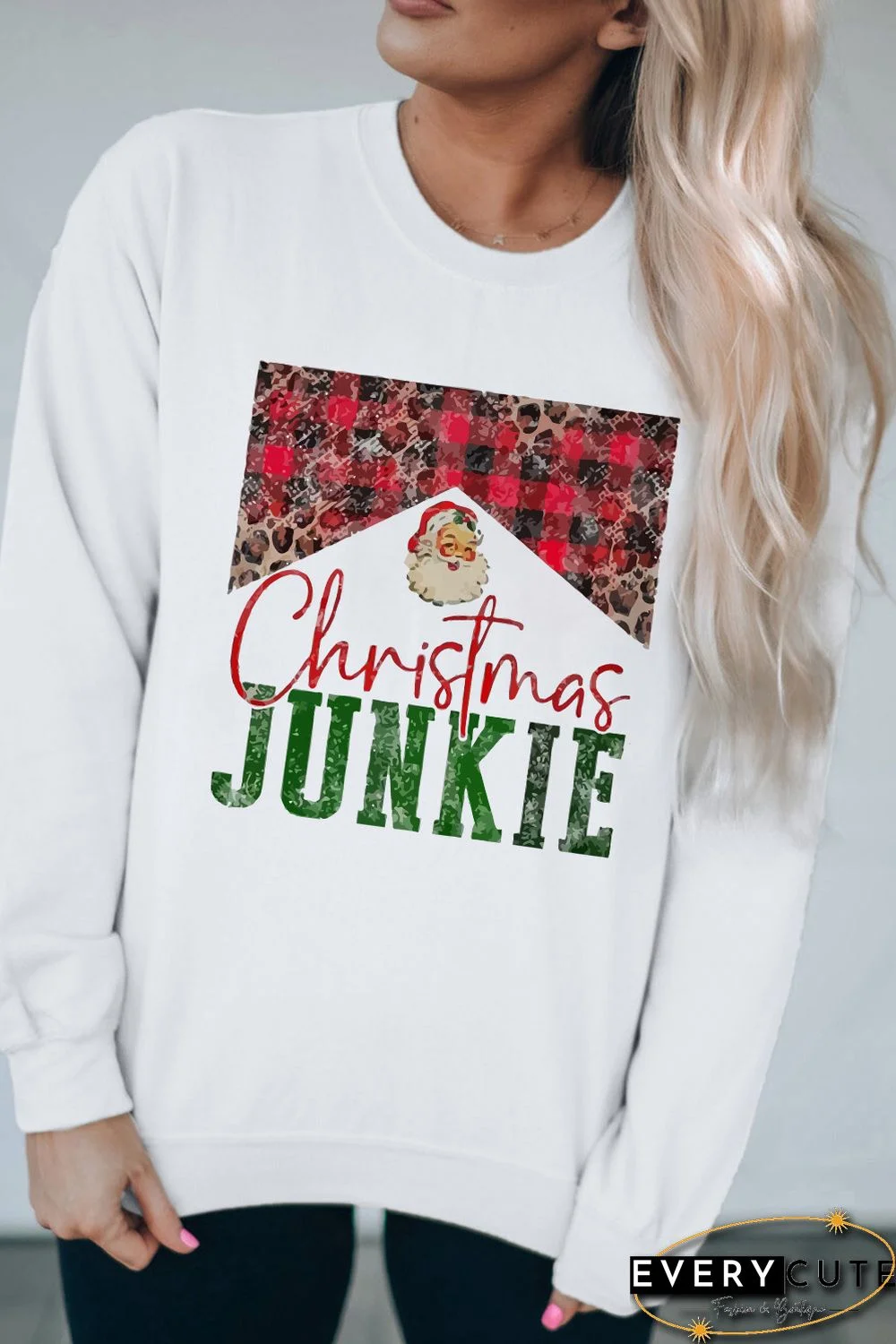 White Christmas JUNKIE Plaid Print Pullover Sweatshirt