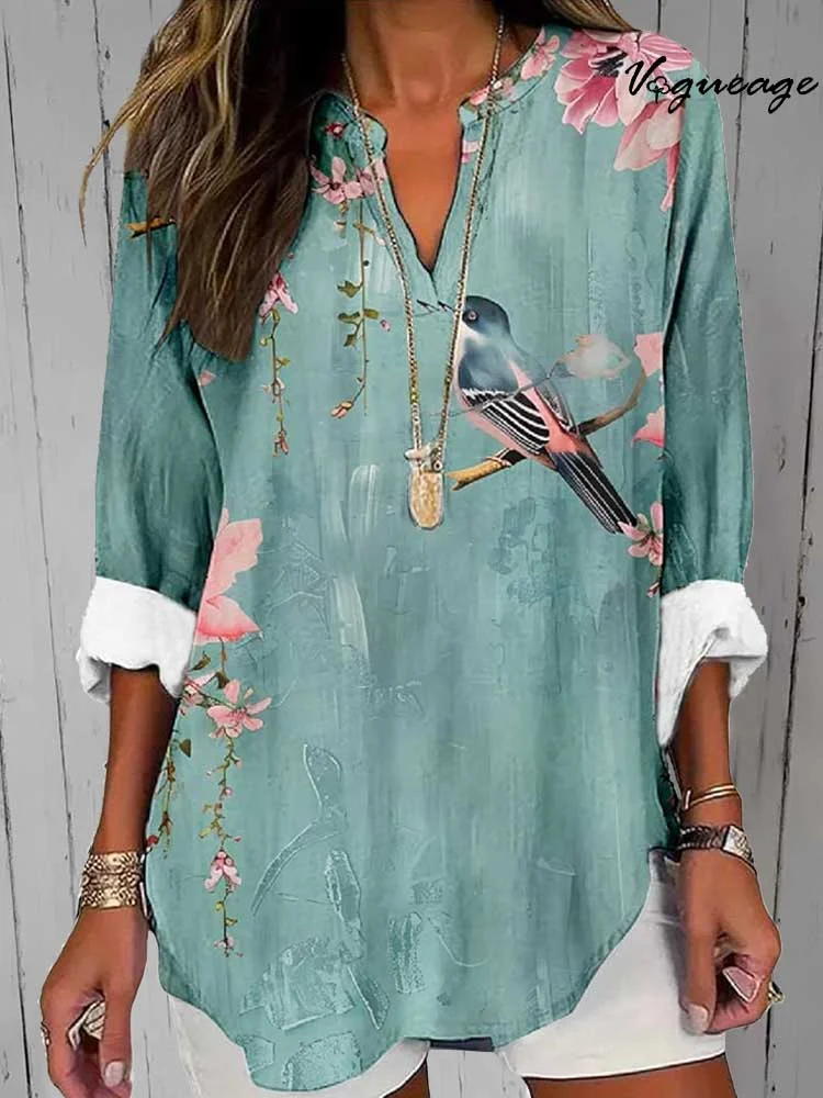 Soft And Elegant Comfortable Flowers And Birds Printed Cotton And Linen Shirt