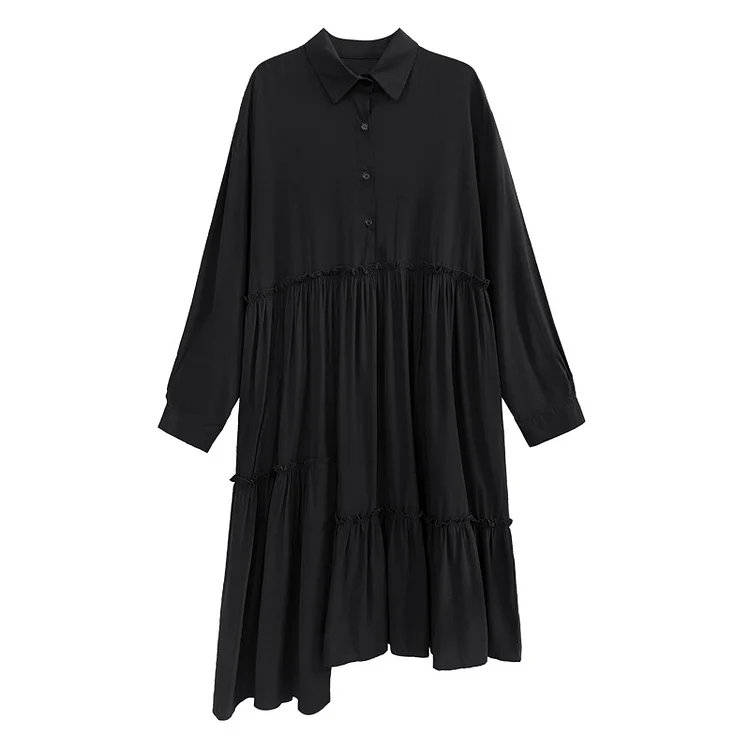 Temperament Loose Solid Color Lapel Splicing Ruffled Asymmetrical Hem Long Sleeve Shirt Dress  