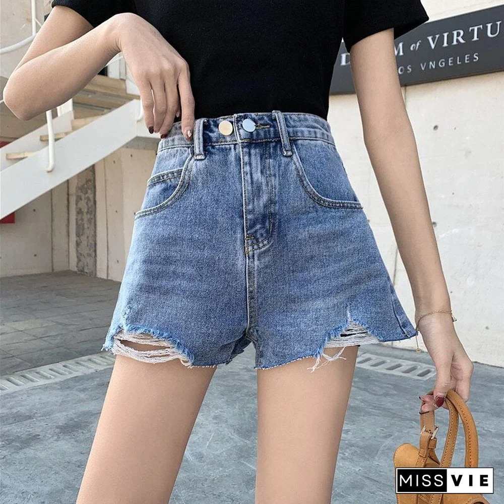 Woman Jeans Shorts Ripped Clothes High Waisted Summer Streetwear Baggy Wide Leg Vintage Fashion The New Blue Harajuku Pants