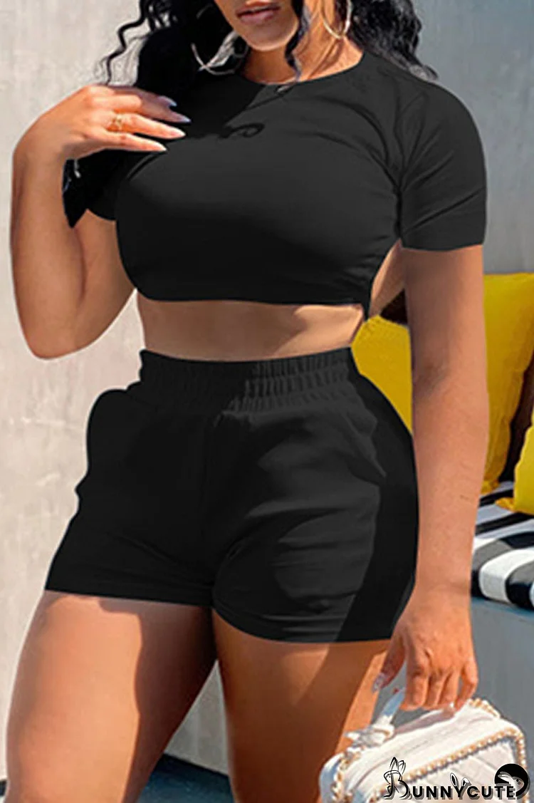 Black Fashion Casual Solid Bandage Backless O Neck Short Sleeve Two Pieces