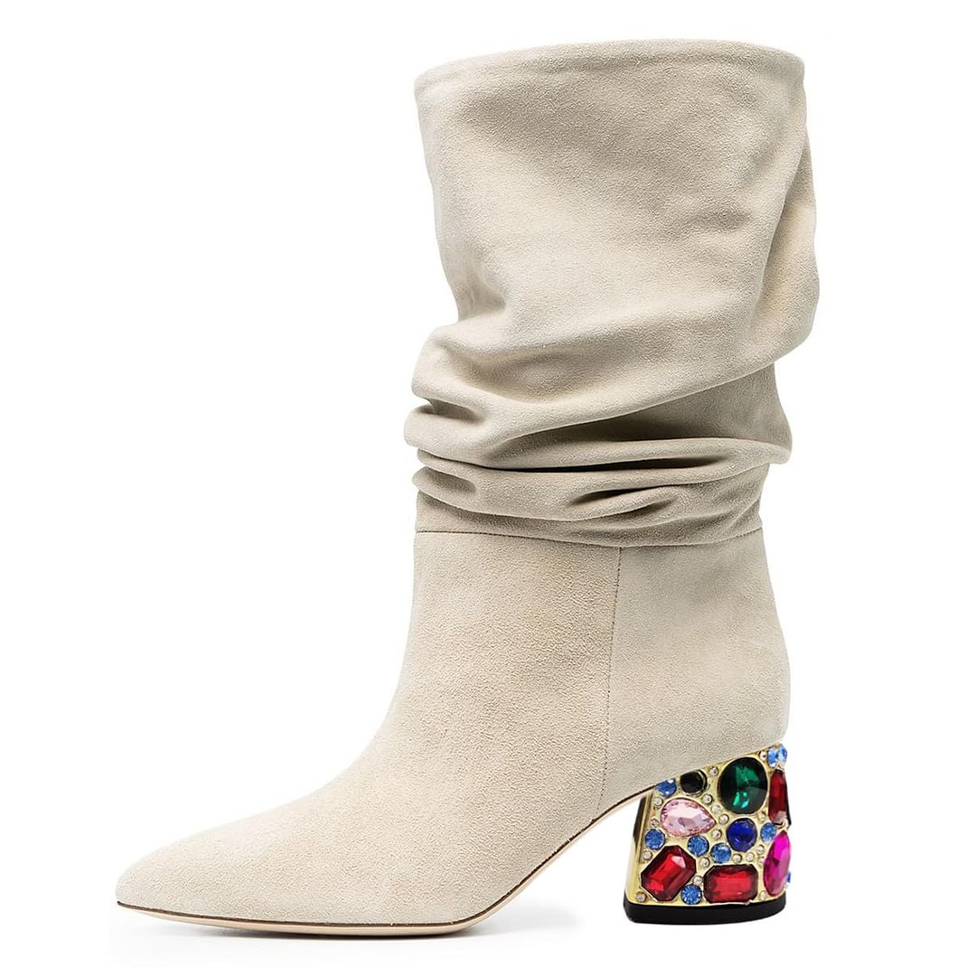 Beige Pointed Toe Mid Calf Boots with Decorative Rhinestone Block Heel