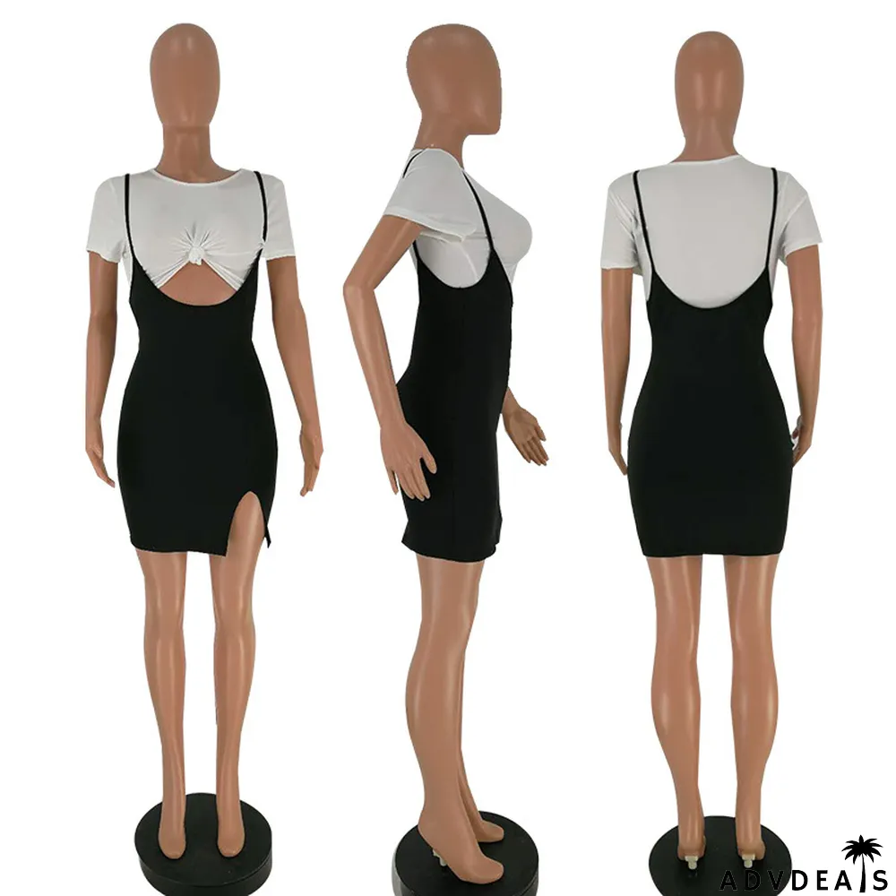 Sexy Crop Tops+Split Straps Mini Dress Two Piece Sets