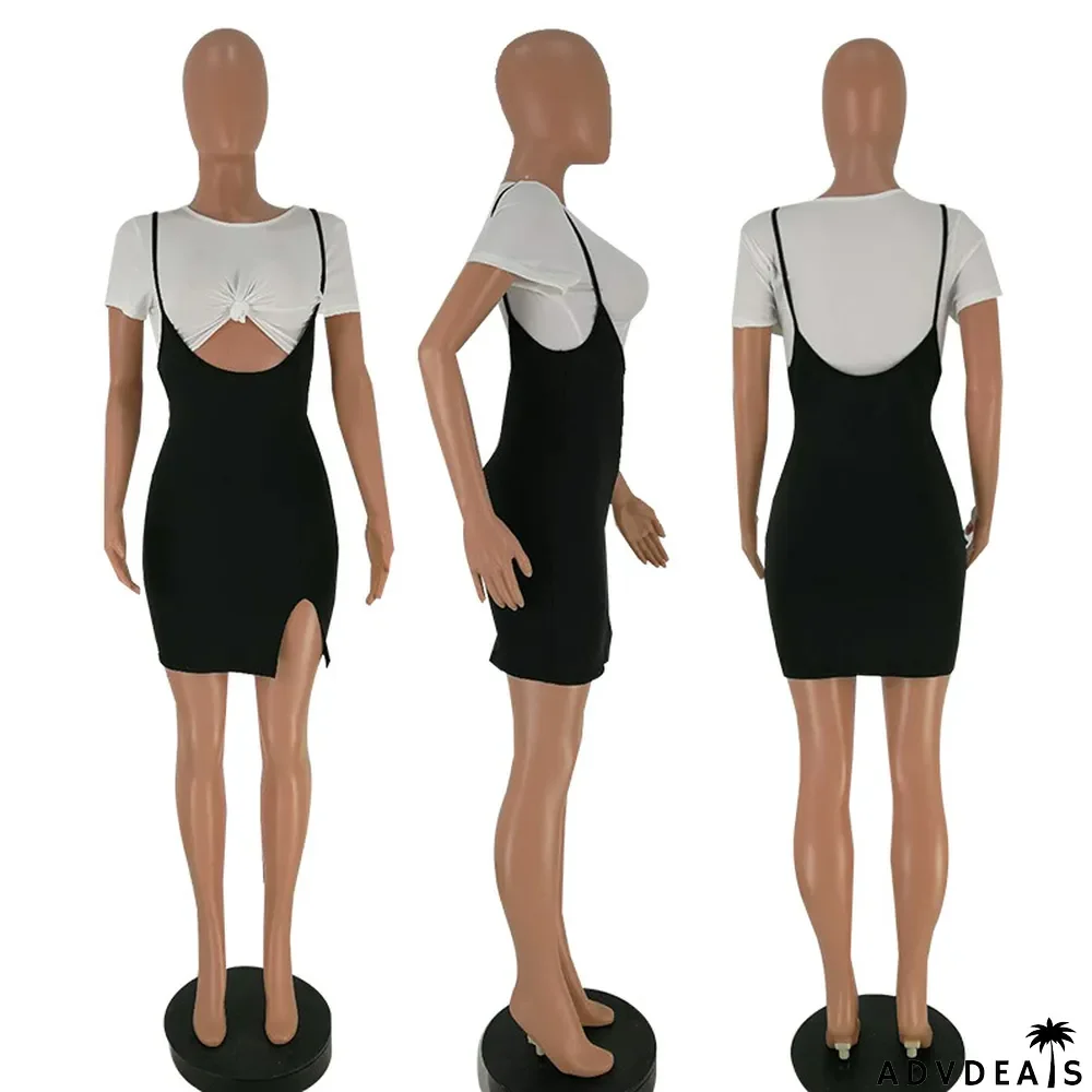 Sexy Crop Tops+Split Straps Mini Dress Two Piece Sets