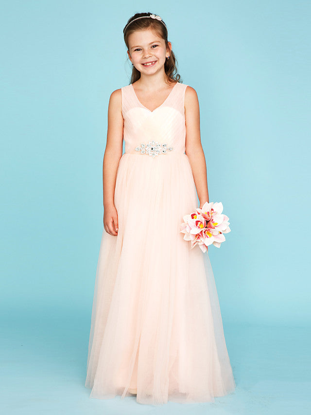 Oknass Princess A-Line V Neck Floor Length Tulle Junior Flower Girl Dress With Criss Cross Crystals Wedding Party