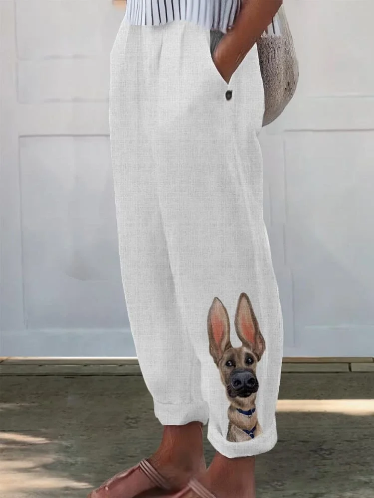 Women's Dog Art Pattern Printed Cotton And Linen Casual Pants