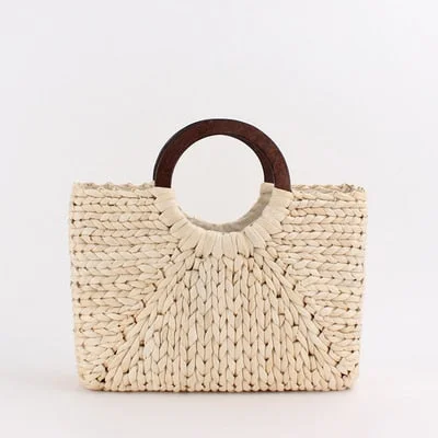 vintage wooden handle rattan women handbags wicker woven large capacity tote summer beach straw bag lady square bali big purse