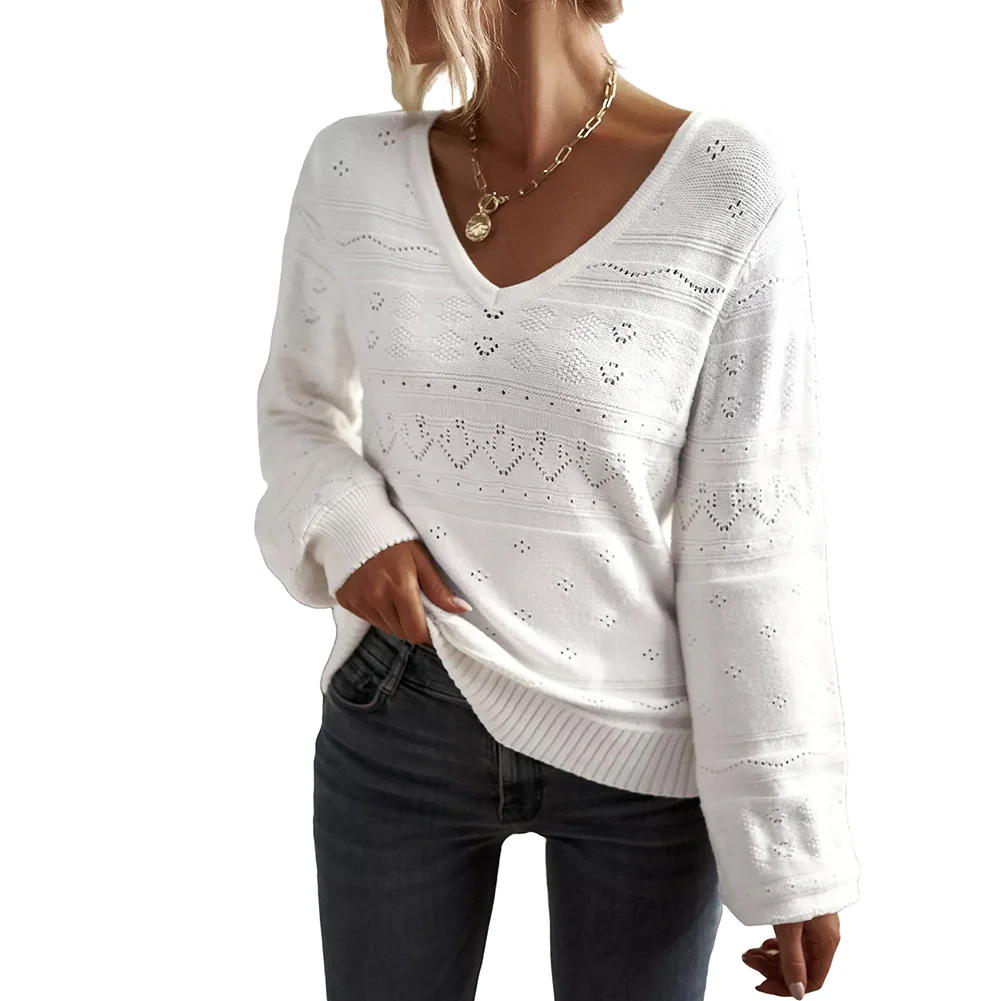 White V Neck Hollow-out Long Sleeve Sweater