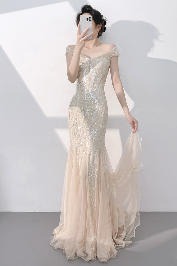 Ovlias Champagnee Off-Shoulders V-Neck Mermaid Prom Dress Sheer with Sequins JQ0113