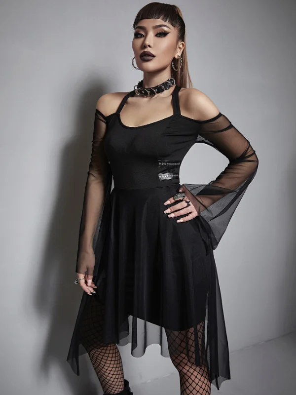 Goth Black Off The Shoulder Mesh Paneled Asymmetrical Dress