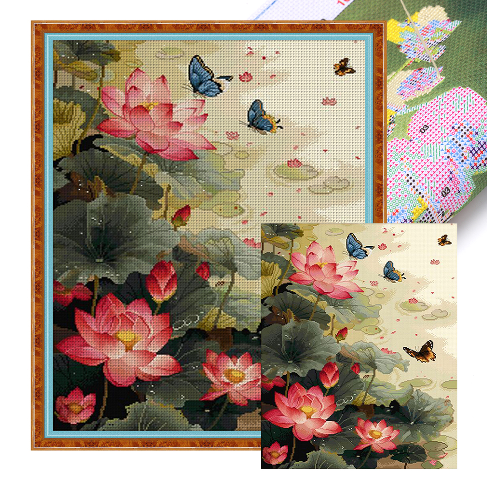 Lotus Fragrance Attracting Butterflies Partial 11CT/14CT Counted Canvas(60*75cm) 82 Colors Egyptian Cotton Cross Stitch