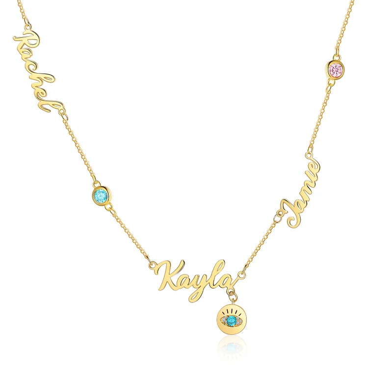 Personalized Evil Eye Name Necklace with 3 Birthstones Gift for Her
