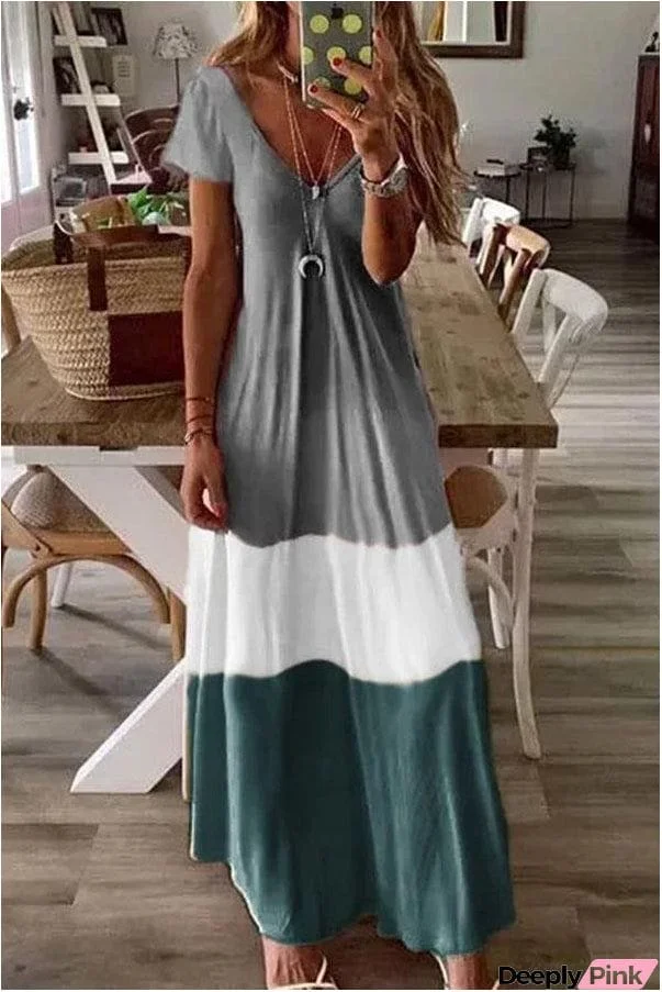 Bohemian Color Block Short Sleeve Long Maxi Dress (2 Colors)