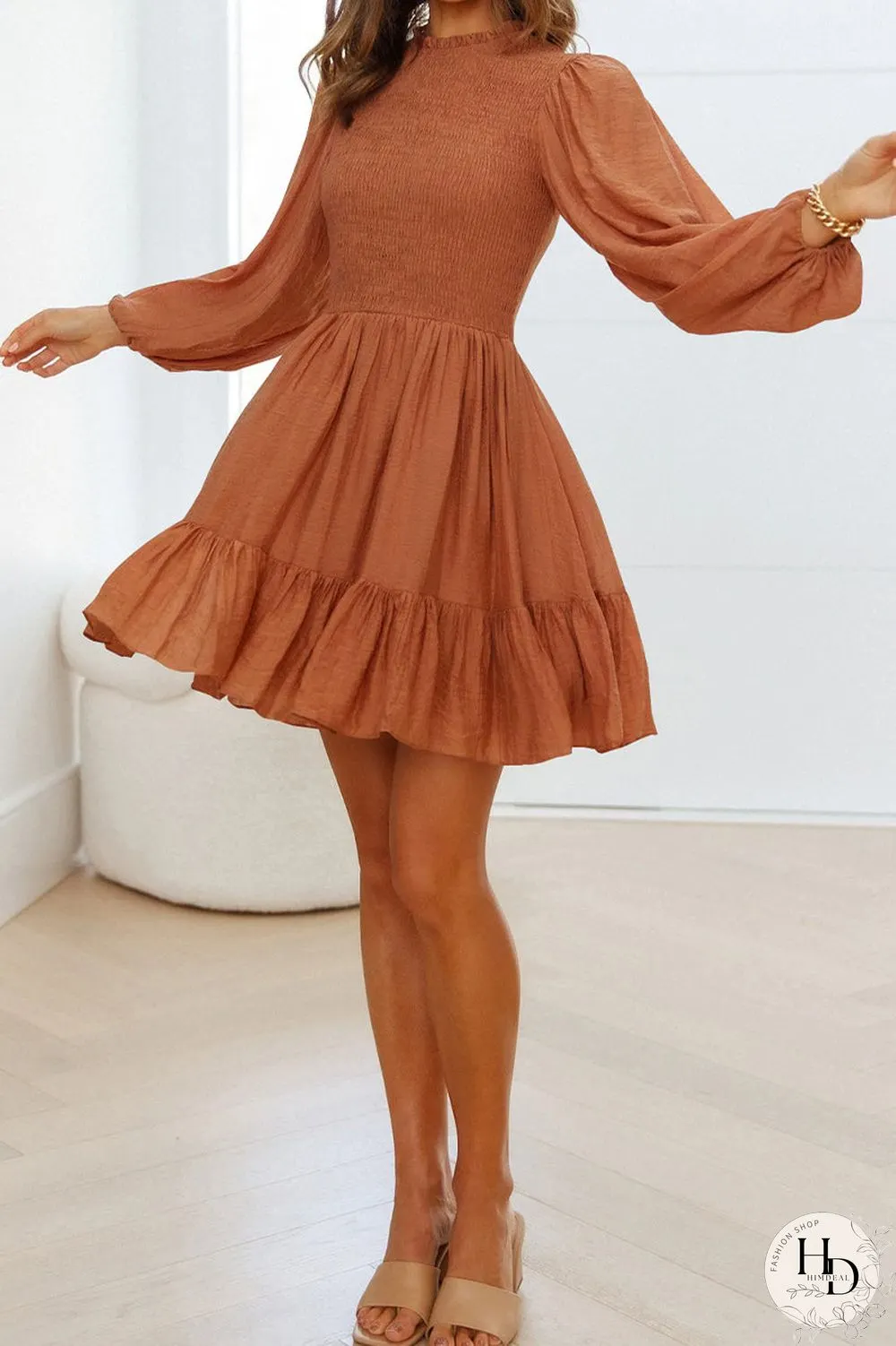 Fashion Solid Flounce O Neck Long Sleeve Dresses(11 Colors)
