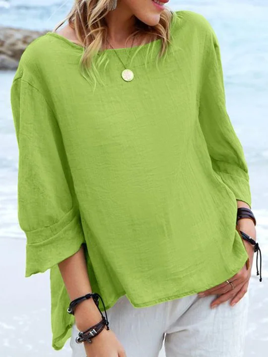 Round Neck Solid Color Loose Casual Long-sleeved Blouse
