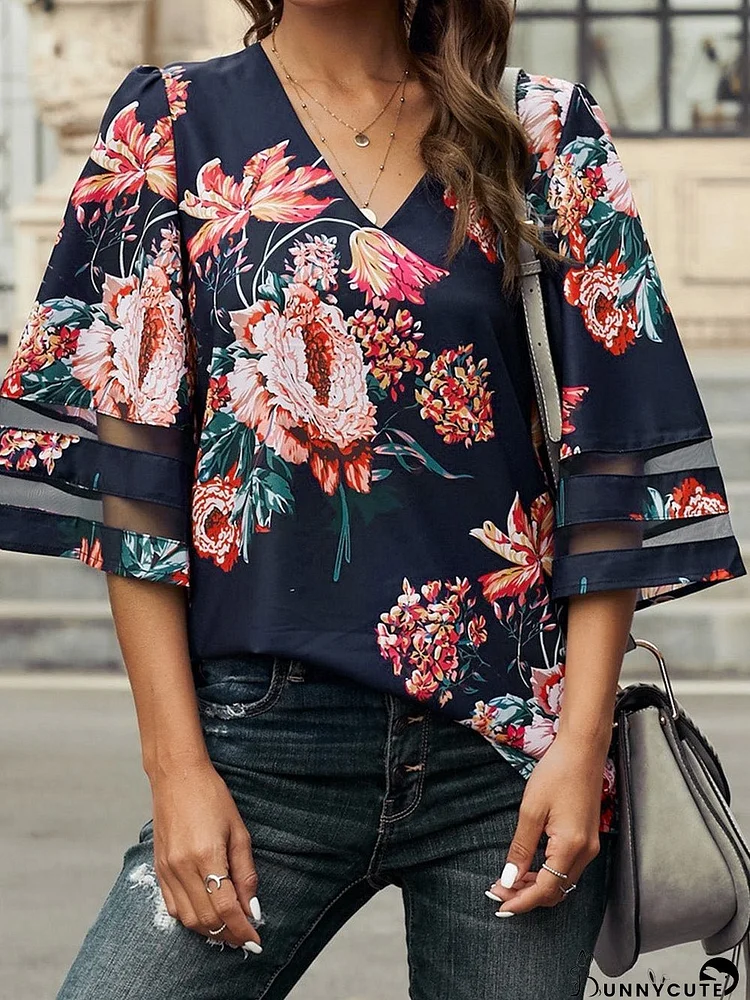 Fiery Red Floral Blouse with Sheer Patchwork Sleeve