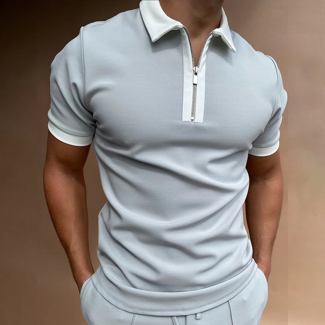 Solid Color Zipper Polo Shirt