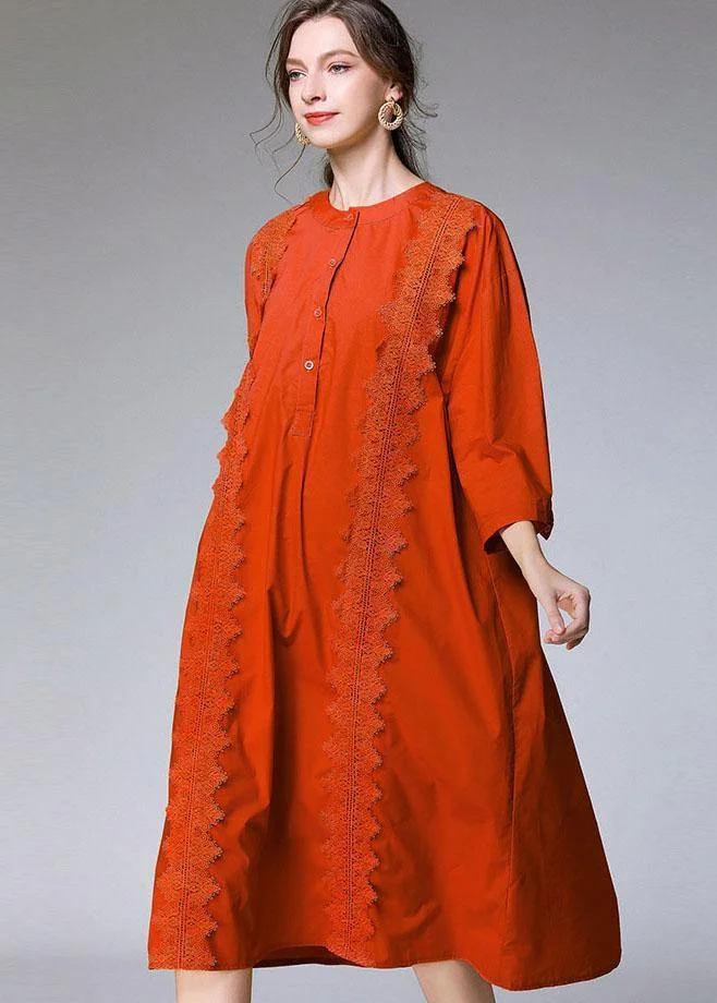 Modern Orange Embroideried Patchwork Fall Cotton Vacation Dress Three Quarter Sleeve