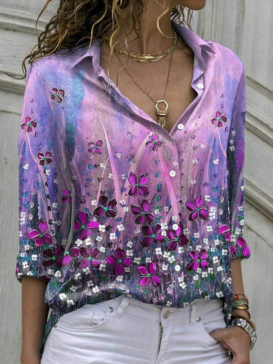 Women Long Sleeve V-neck Graphic Floral Printed Top