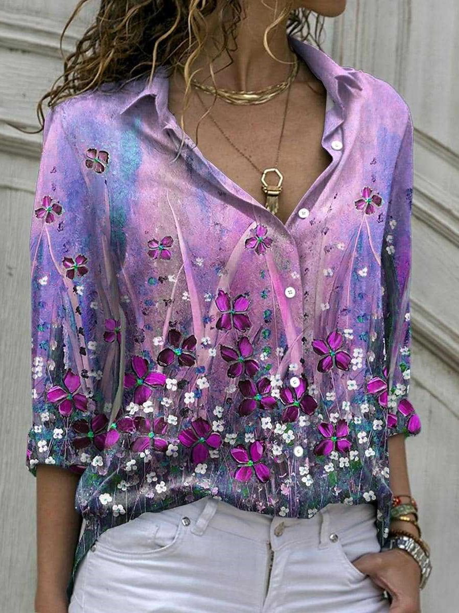 Women's Long Sleeve V-neck Floral Printed Top