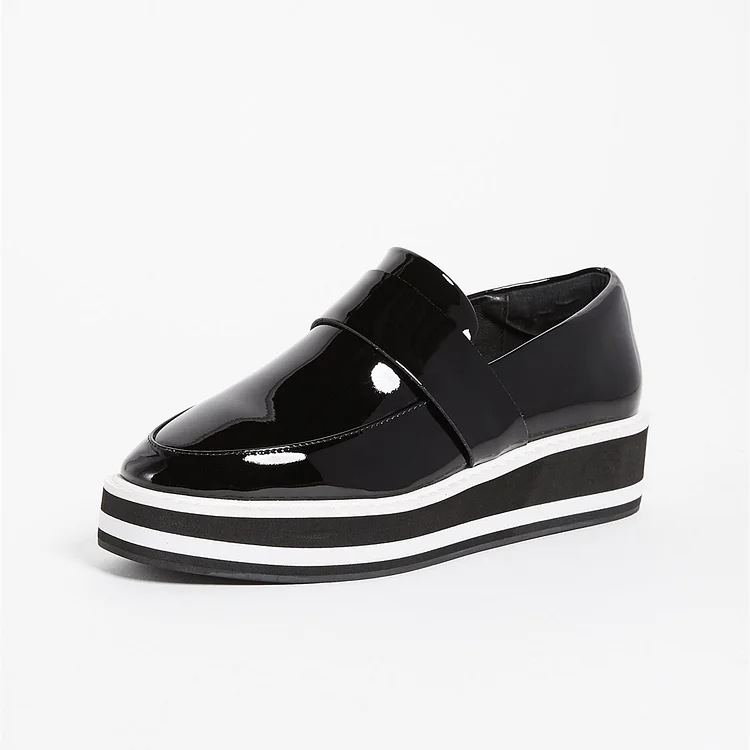 Black Patent Leather Round Toe Platform Loafers for Women |FSJ Shoes