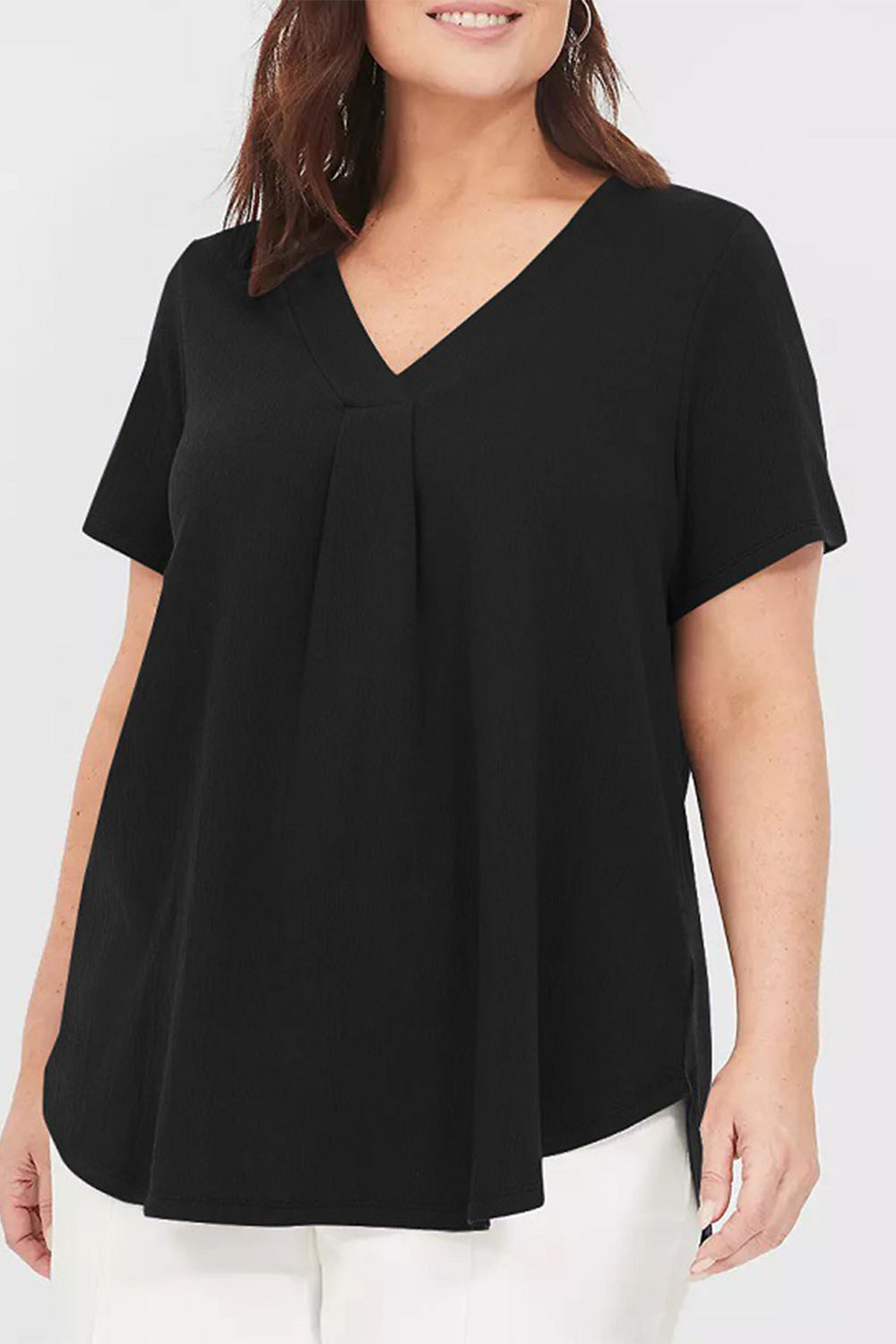 Plus Size Everyday Black Solid Chest Pleated Short Sleeve Blouse 2024 - Flycurvy 