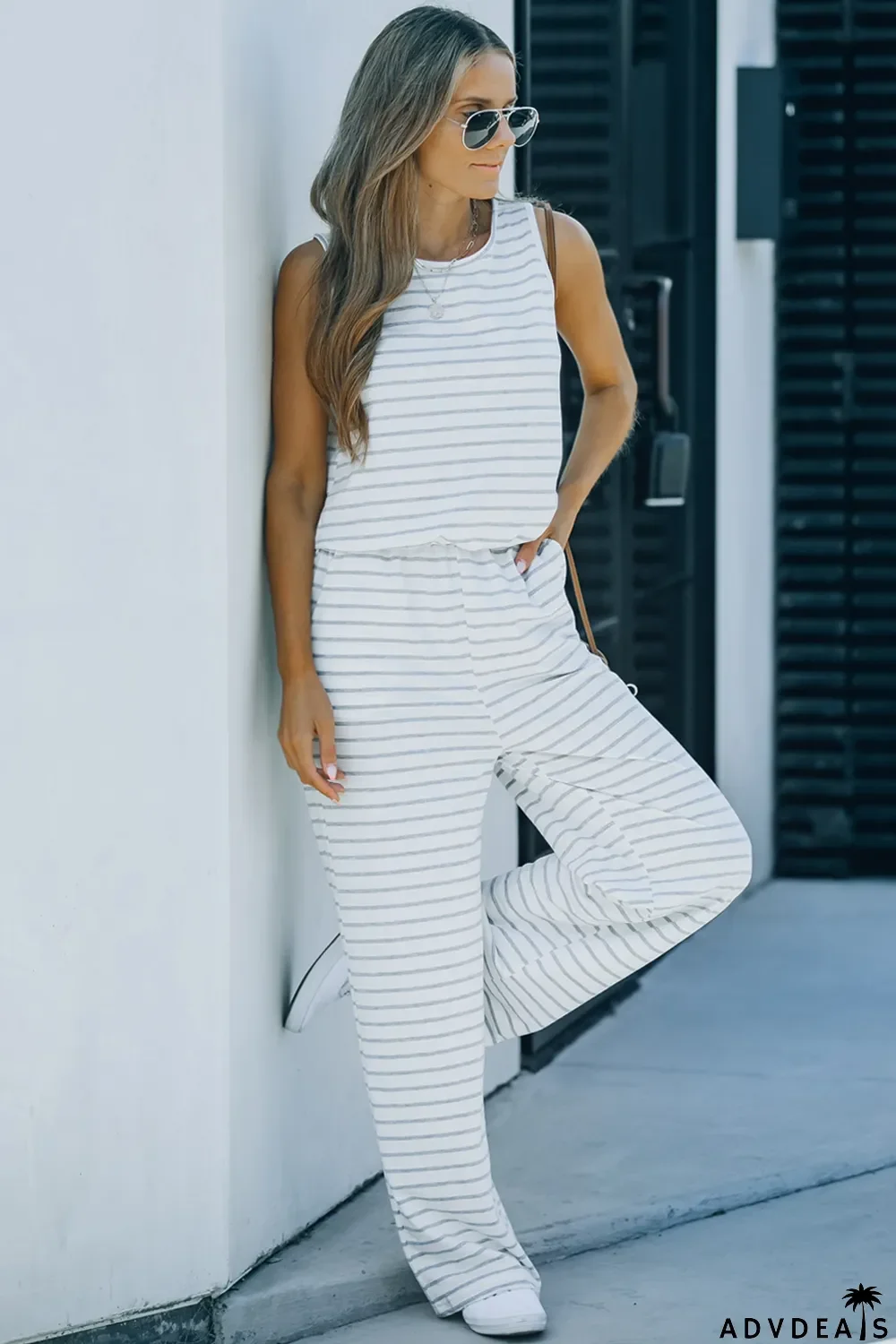 White Striped Print Pocketed Sleeveless Jumpsuit