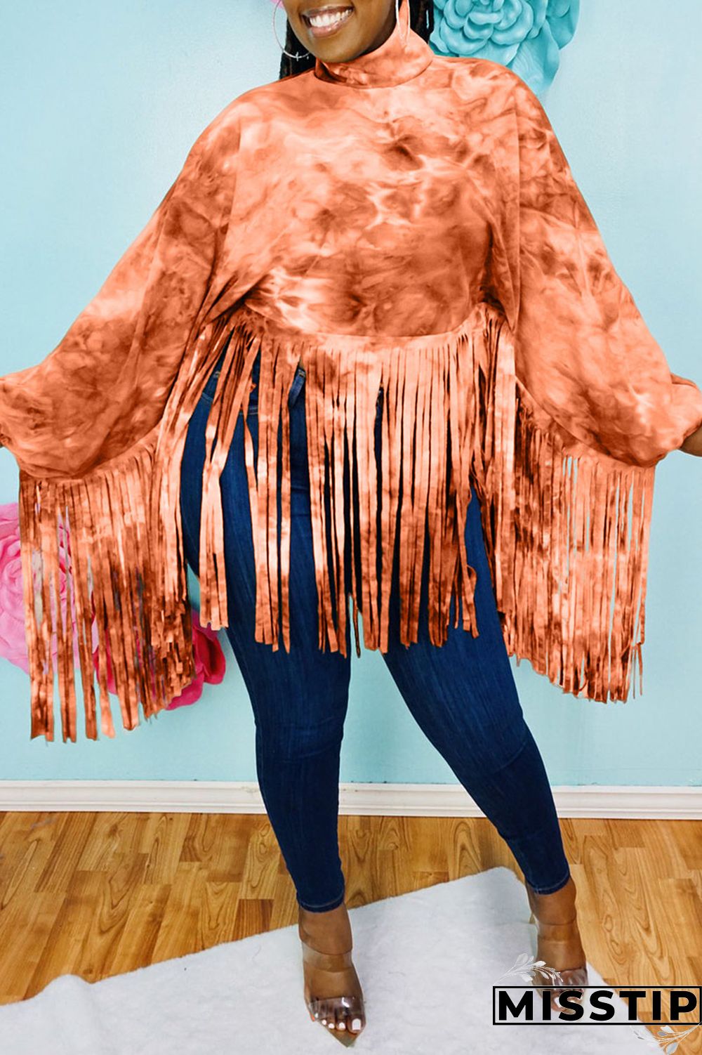 Rose Red Casual Print Tie Dye Tassel Patchwork Turtleneck Tops