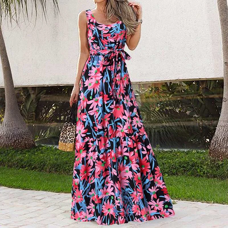 Bohemian Women Summer Dress 2021 Celmia Vintage Floral Print Maxi Sundress Ruffled Casual Long Belted Party Vestidos