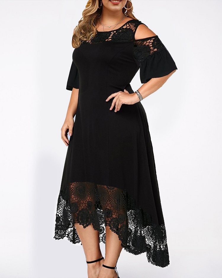 Solid Color Lace High Waist Shirt Collar Midi Dress Plus Size Women's Clothing