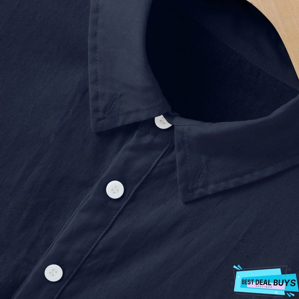 Men's Baggy Cotton Linen Solid Multi-Pocket Short Sleeve Turn-down Collar Shirts Linen