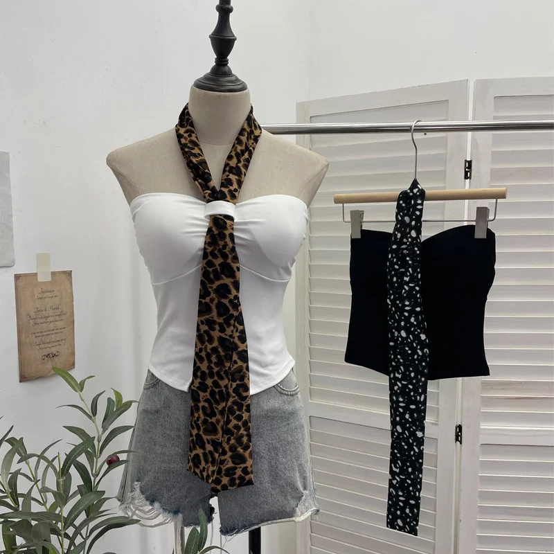 Nigikala Nigikala Shot Leopard-Print Silk Scarf Hanging Neck Design Folded Bra Strap Chest Pad Vest Short Sleeveless Top Lady 9206