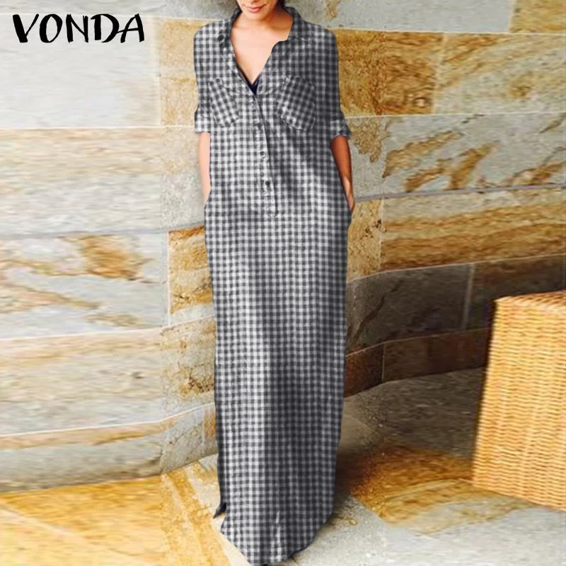 Demin Sundress 2022 Women Casual Turn Down Neck Long Sleeve Solid Dresses VONDA Loose Beach Sundress Bohemian Party Vestidos