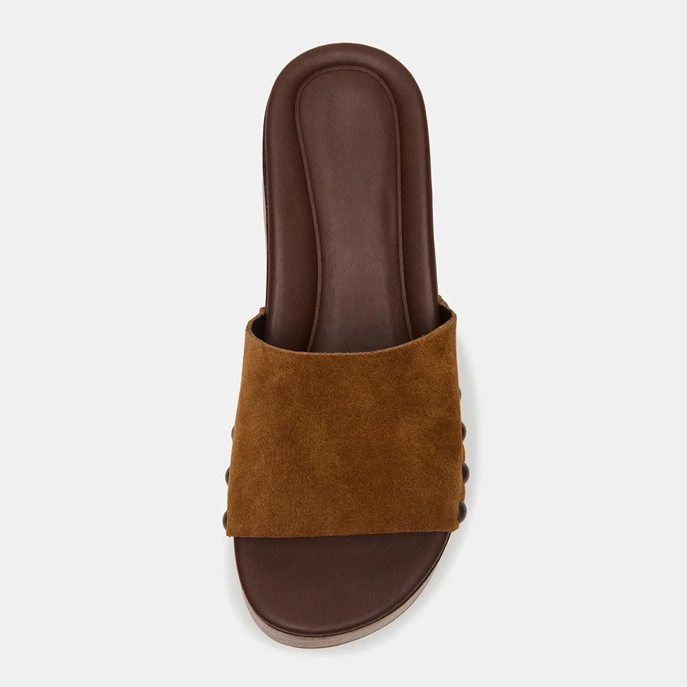 Tan Vegan Suede Round Toe Clog Walking Studded Slides with Platform