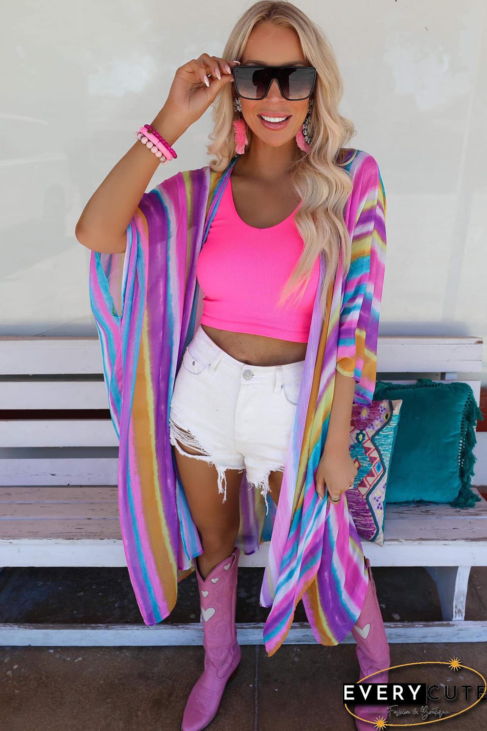 Multicolor Striped Print Oversized Kimono